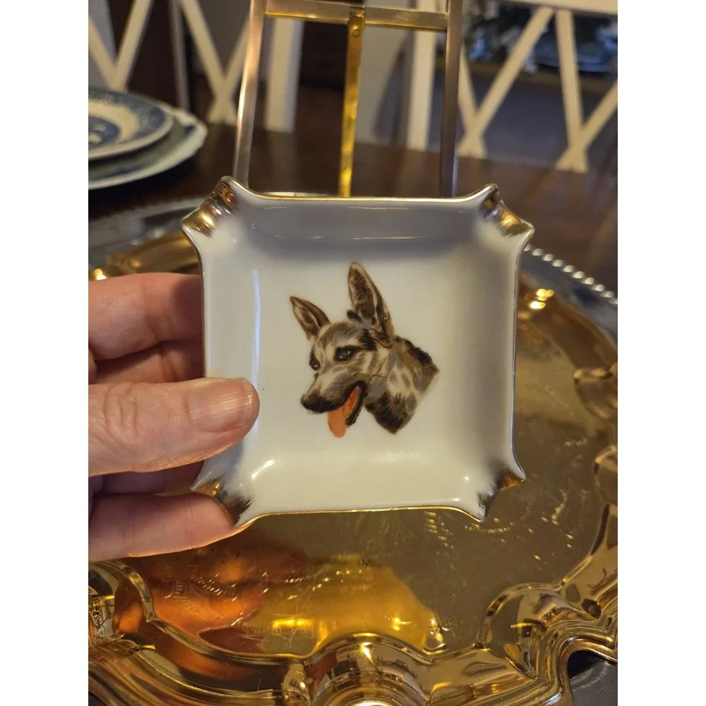 German Shepherd Picture Ashtray White Ceramic Gold Accents Retro Vintage